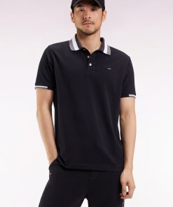 Eden Park Homme Men's Polo Manches Courtes En Coton Noir Détails Tricolores Coupe Ample