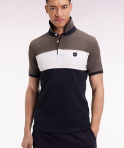 Eden Park Homme Men's Polo Tricolore Manches Courtes En Piqué Coton Stretch Marron Coupe Sli