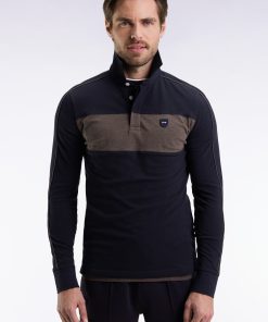 Eden Park Homme Men's Polo Tricolore À Manches Longues En Coton Stretch Marine Coupe Slim