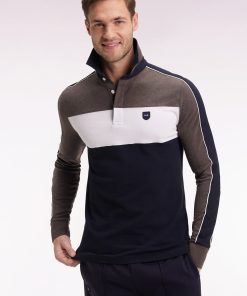 Eden Park Homme Men's Polo Tricolore À Manches Longues En Coton Stretch Marron Coupe Slim