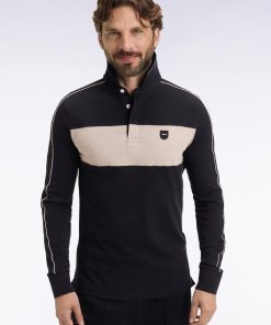 Eden Park Homme Men's Polo Tricolore À Manches Longues En Coton Stretch Noir Coupe Slim