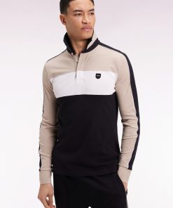 Eden Park Homme Men's Polo Tricolore À Manches Longues En Coton Stretch Beige Coupe Slim