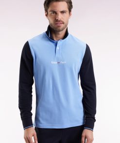 Homme Men's Polo À Manches Longues En Piqué Coton Bicolore Ciel Logo Eden Park