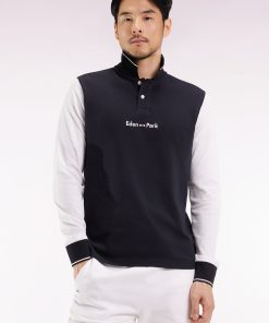Homme Men's Polo À Manches Longues En Piqué Coton Bicolore Blanc Logo Eden Park
