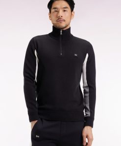 Eden Park Homme Men's Pull Col Camionneur En Coton Noir À Manches Contrastées Tricolores