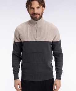 Eden Park Homme Men's Pull Col Camionneur En Coton Gris À Effet De Rayure