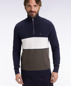Eden Park Homme Men's Pull Col Camionneur En Coton Marron Et Marine À Effet De Rayure