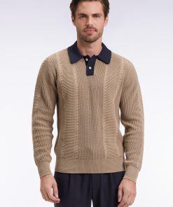 Eden Park Homme Men's Pull À Col Polo Bleu En Coton Beige