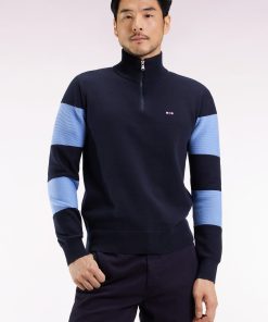 Eden Park Homme Men's Pull Col Camionneur En Coton Marine Et Ciel Broderie Dos