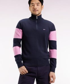 Eden Park Homme Men's Pull Col Camionneur En Coton Marine Et Rose Broderie Dos