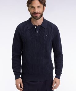 Eden Park Homme Men's Pull À Col Polo Bleu En Coton Marine