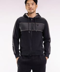 Eden Park Homme Men's Sweatshirt Zippé À Capuche En Molleton Et Nylon Noir Et Beige