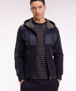 Eden Park Homme Men's Sweatshirt Zippé À Capuche En Molleton Et Nylon Marine Et Beige