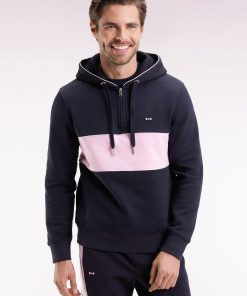 Eden Park Homme Men's Sweatshirt À Capuche Semi-zippé Marine Et Rose