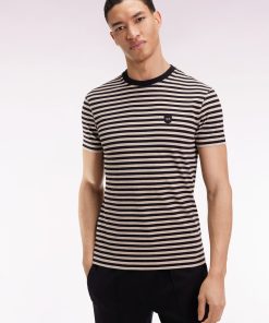 Eden Park Homme Men's T-shirt À Manches Courtes En Jersey De Coton Rayé Marine Et Marron
