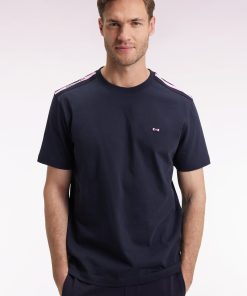 Eden Park Homme Men's T-shirt À Manches Courtes En Coton Marine Bande Épaules