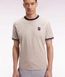 Eden Park Homme Men's T-shirt À Manches Courtes En Coton Beige Et Marine Nouvelle Zélande