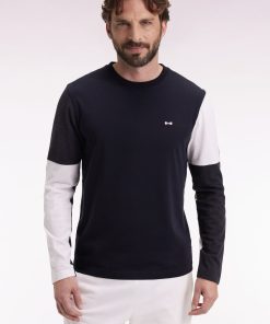 Eden Park Homme Men's T-shirt À Manches Longues En Coton Noir Colorblock Blanc Et Gris