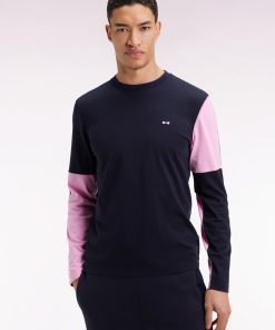 Eden Park Homme Men's T-shirt À Manches Longues En Coton Marine Colorblock Rose