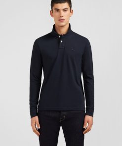 Eden Park Homme Men's Polo Manches Longues Noir Uni En Piqué De Coton Stretch