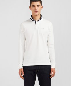 Eden Park Homme Men's Polo Manches Longues Blanc En Coton Avec Col Contrasté