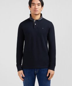 Eden Park Homme Men's Polo Manches Longues Noir En Coton Avec Col Contrasté