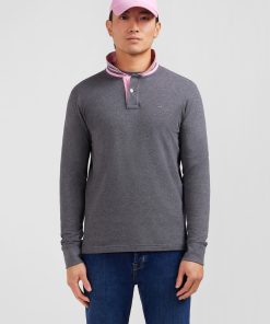 Eden Park Homme Men's Polo Manches Longues Gris En Coton Avec Col Contrasté