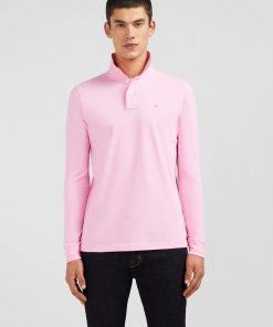 Eden Park Homme Men's Polo Manches Longues Rose Uni En Piqué De Coton Stretch