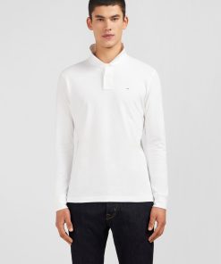 Eden Park Homme Men's Polo Manches Longues Blanc Uni En Piqué De Coton Stretch