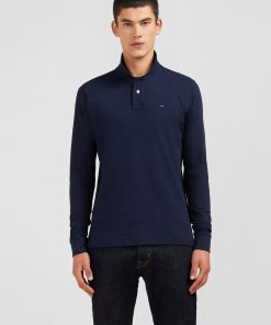 Eden Park Homme Men's Polo Manches Longues Bleu Marine Uni En Piqué De Coton Stretch
