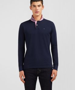 Eden Park Homme Men's Polo Manches Longues Bleu Marine En Coton Avec Col Contrasté