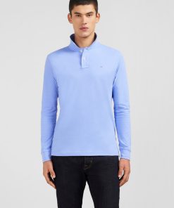 Eden Park Homme Men's Polo Manches Longues Bleu Uni En Piqué De Coton Stretch